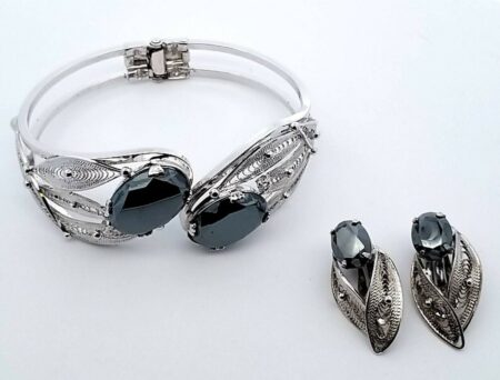 Sorrento Sterling Hematite Filigree Hinged Bangle Bracelet&Clip on Earrings Set