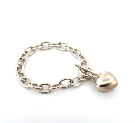 6.5” Puffy Heart Charm 925 Sterling Silver Toggle Clasp Bracelet 27.1g