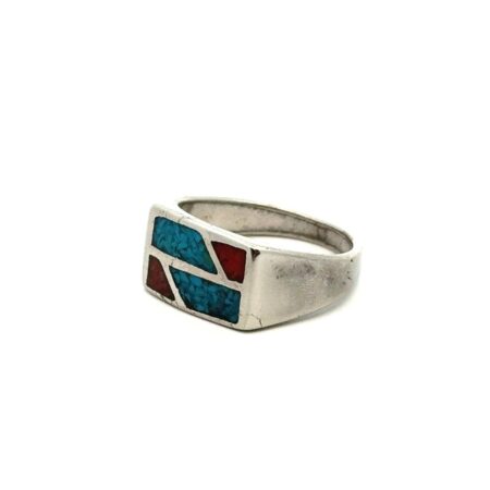 Vintage Native America. 925 Sterling Silver Inlay Turquoise & Coral Ring Size 9