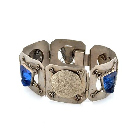 7” Vintage Blue Mask 925 Sterling Silver Mayan Calendar Panel Bracelet 27.6g
