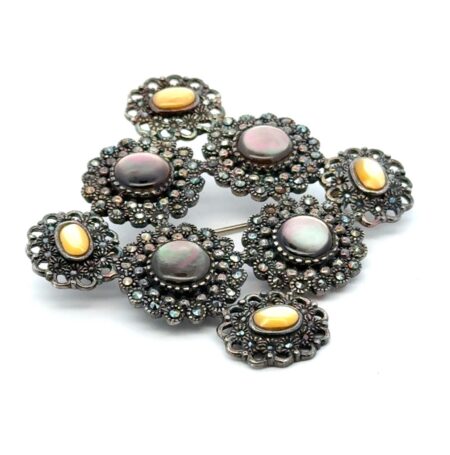 Vintage .925 Sterling Silver Maracsite, Moonstone Brooch 14.3g