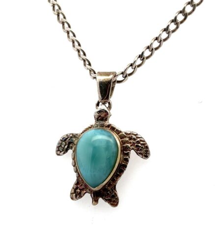 24” 925 Sterling Silver Ocean Blue Larimar Sea Turtle Pendant on SS Chain 14.8g