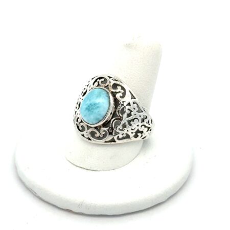 .925 Sterling Silver, Larimar Open Scroll Ring, Size - 8.75, 5.1g