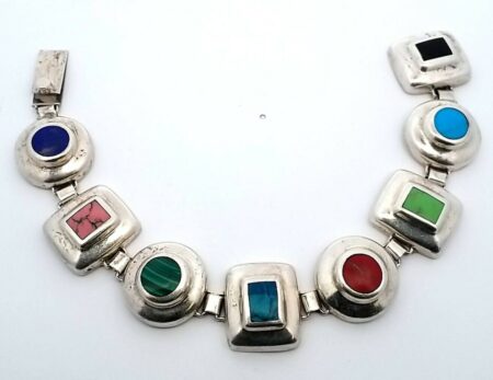 Southwestern 925 Sterling Silver Multi-Stone 7.5" Bracelet 48.4 Grams