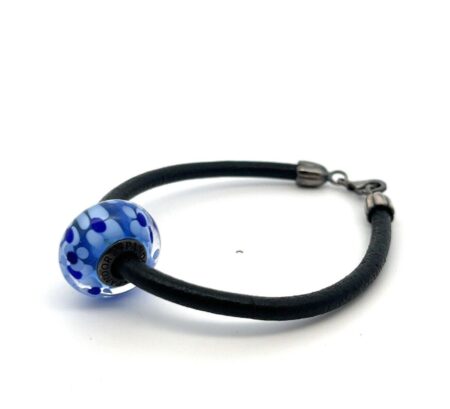 Pandora Black Cord Bracelet w/ Blue Murano Glass Bead Black Oxidized Silver Ends
