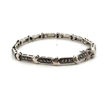 7” 925 Sterling Silver & Marcasite Heart Link Bracelet 12.3g