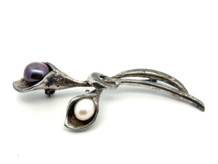 Vintage 925 Sterling Silver White & Black Pearl Calla Lily Flower Brooch/Pin 10g