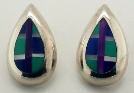 Sterling Silver Inlay Multi-Color Turquoise Teardrop Shape Earrings 7.4 Grams