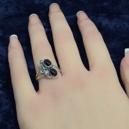 Navajo Sterling Silver and Black Onyx Floral Design Ring - Size 8