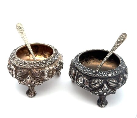 Stieff 925 Sterling Silver Rose Repousse Pair Open Salts w/Spoons, 138.6g