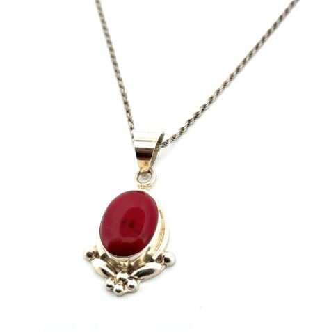20” x 1.5mm Mexico 925 Sterling Silver Red Jasper Pendant Rope Chain Necklace