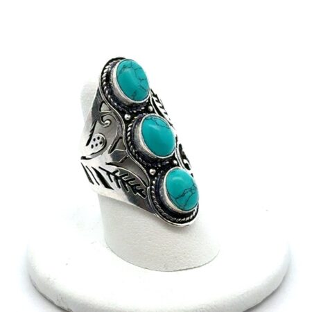 .925 Sterling Silver 3 Oval Turquoise Bezel Set Statement Ring, Size-7, 8.4g