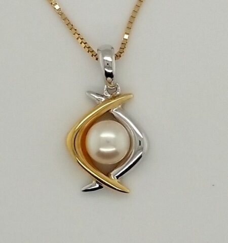 20” Albert David 14K Gold Necklace w/ Pearl Pendant, 2 Tone Gold Setting