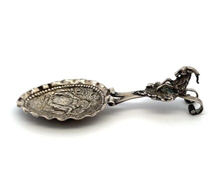 Victorian 800 Silver Goat & Country Scene Tea Caddy Spoon Germany 32.8g