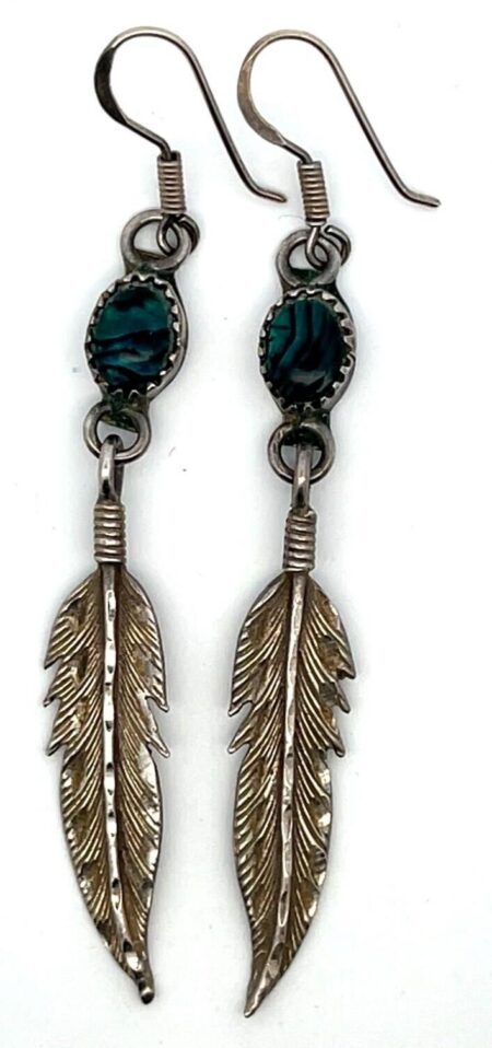 925 Sterling Silver Abalone & Feather Dangle Earrings 6.0 Grams