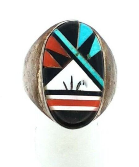 Zuni Inlaid Multistone Ring 925 Sterling Silver MOP Onyx Turquoise Coral Sz 12.5