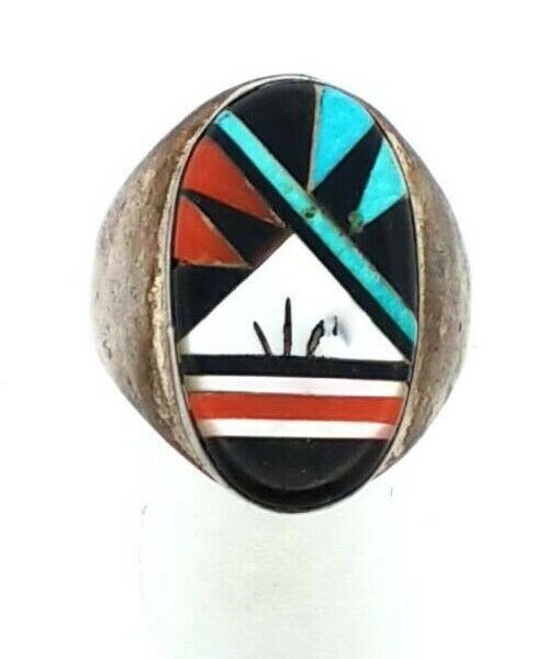 Zuni Inlaid Multistone Ring 925 Sterling Silver MOP Onyx Turquoise Coral Sz 12.5