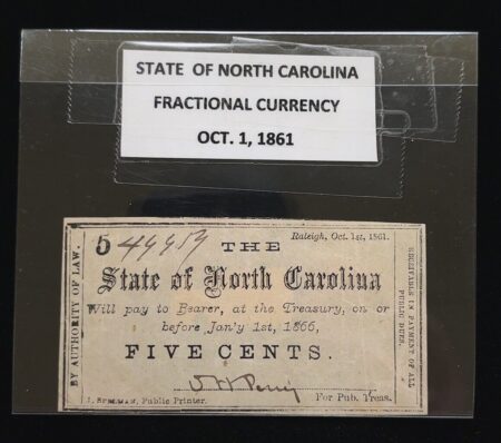 $0.05 Five Cents State of North Carolina Fractional Currency Oct. 1st, 1861