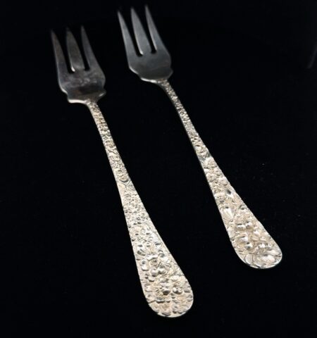 Pair of 6” Stieff 925 Sterling Silver Rose Old Style Pickle Fork Repousse 54g