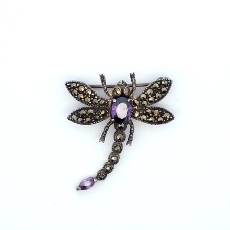 Vintage Sterling Silver Marcasite, Amethyst Dragonfly Brooch/Pin 7.6 Grams