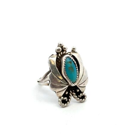 Native American 925 Sterling Silver Turquoise Leaf + Drop Motif Ring Size-6 5.6g