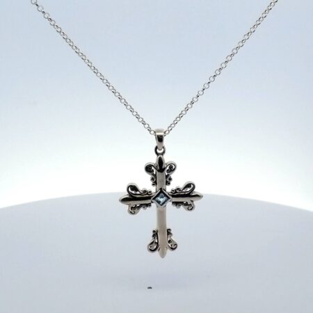 Sterling Silver & Blue Topaz Cross Pendant on 18" Sterling Chain 6.9 Grams
