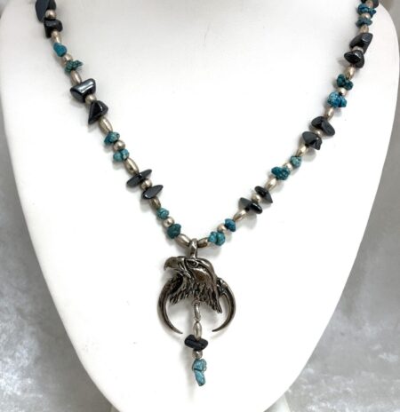 Sterling Silver Turquoise & Hematite Beads w/ Eagle Pendant 24” Necklace 47.9 Gr