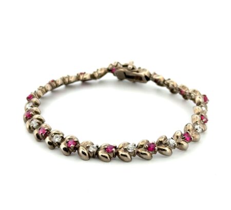 7” x 6.5mm Lab Ruby & CZ 925 Sterling Silver Flower Link Tennis Bracelet 11.3g