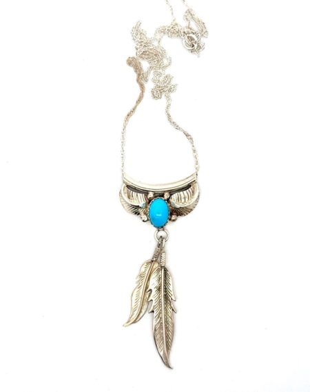 18” Navajo .925 Sterling Silver Turquoise Feather Necklace, Eddie Secatero, 7.5g