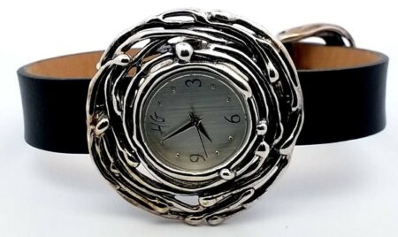 Hagit Black Leather Wrist Pendant Nest Watch 6-1/4"-8" Sterling Silver