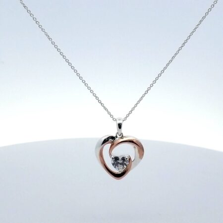 Sterling Silver Two-Tone Heart Pendant 18" Swarovski Heart 3.8 Grams