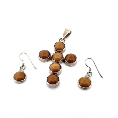 Mexican Amber 925 Sterling Silver Cross Pendant & Earrings Set 18.6g