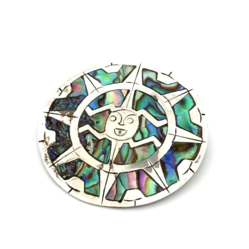 Mexico 925 Sterling Silver Abalone Inlay Sun Pendant/Brooch 14.4g