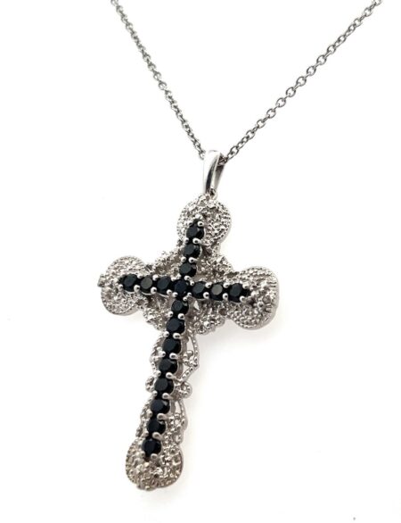 20” STS Karis 925 Black Onyx Filigree Cross Pendant on St.Steel Rolo Chain 10.8g