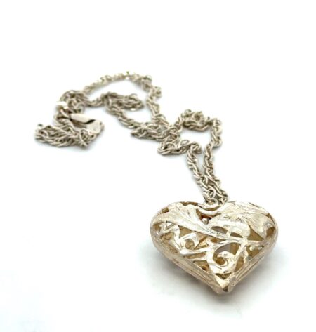 18” Vintage .925 Sterling Silver Diamond Cut Puffed Heart Pendant, 17.4g