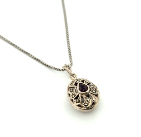 18” Thailand 925 Sterling Silver Purple Pear Crystal Locket Pendant Necklace 9g