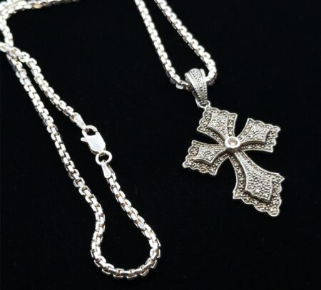 24” x 2mm KA 925 Sterling Silver Diamond Cross Pendant On Cable Necklace, 23.4g