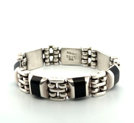 7” Mexico 950 Silver Heavy Onyx Link Bracelet 64.8g