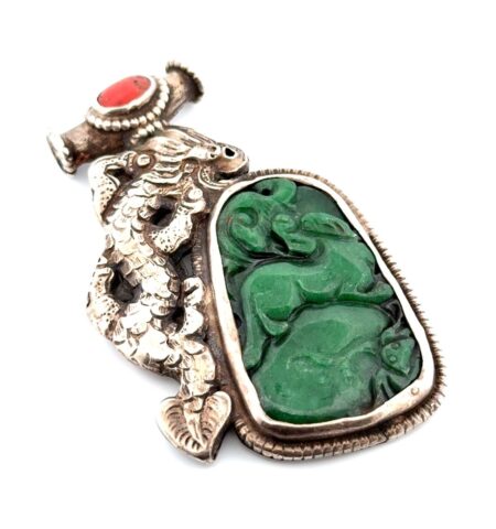 Large 925 Sterling Silver Carved Jade & Coral Dragon Pendant 52.1g