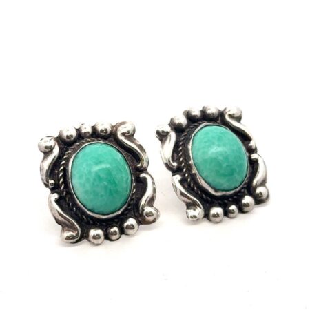 925 Sterling Silver Amazonite Screw Back Earrings, Mexico, 8.8g
