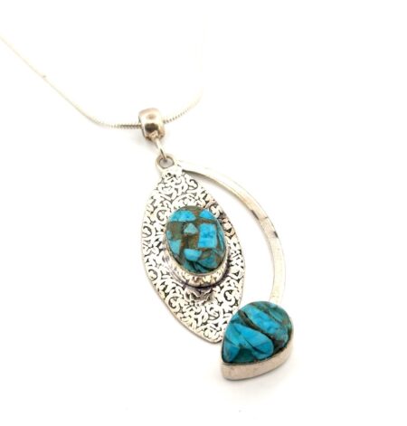 20” - 925 Sterling Silver Modernist Turquoise Chip Pendant Snake Chain Necklace