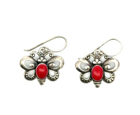 .925 Sterling Silver Red Corral Butterfly Earrings, 3.1g