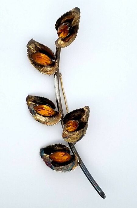 Vintage Sterling Silver Floral Leaf with Citrine Color Stones 4.75" Brooch/Pin