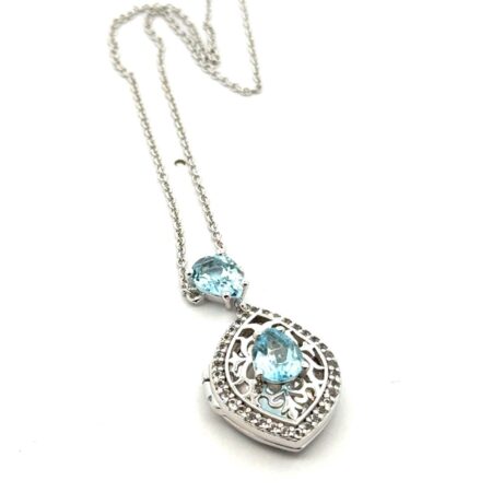 18” .925 Sterling Silver Sadie Blue Topaz w/White Topaz Accents Locket Necklace,