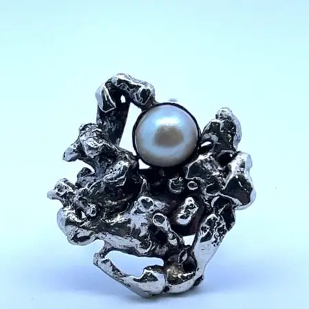 .925 Sterling Silver Large Nugget w/ Pearl Statement, Size-9 Ring - 13.8 Grams
