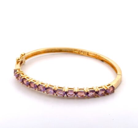 7” Thailand 925 Sterling Silver Gold Vermeil Lab Amethsyt Hinged Bangle Bracelet