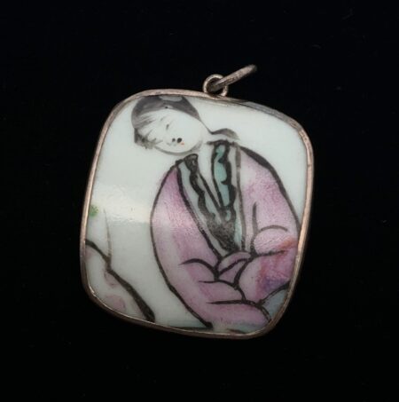 .925 Sterling Silver Hand Painted Porcelain Pendant, 5.7g