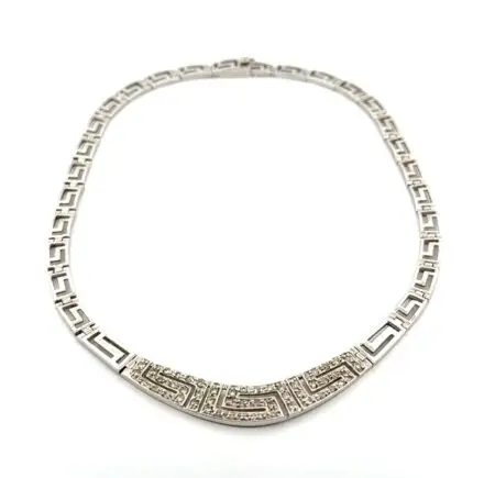 15” - 925 Sterling Silver Greek Key Cubic Zirconia Choker Necklace 23.3g