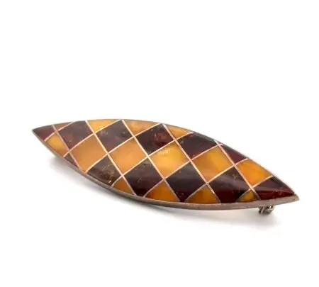 ATI Poland 925 Sterling Silver Natural Amber Chequered Pattern Brooch/Pin 9.5g