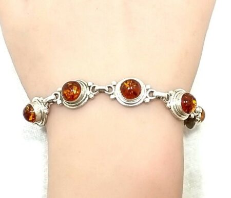 925 Sterling Silver 7mm Round Baltic Amber 7.25" Bracelet 15.5 Grams